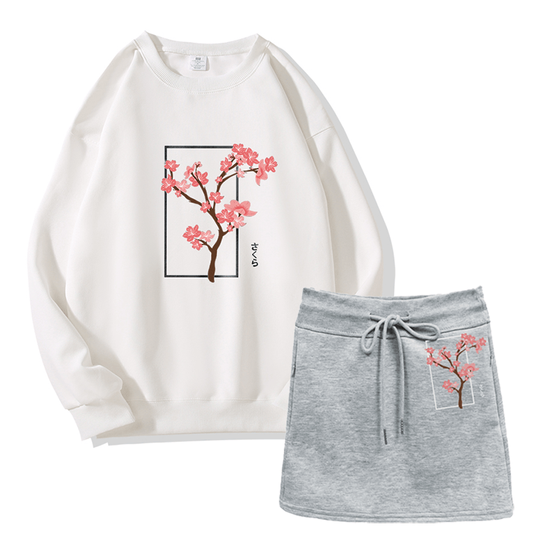 Zweiteiliges Set: Sweatshirt mit Kirschbaum-Motiv, A-Linien-Rock mit Kordelzug und passendem Sweatshirt mit Kirschbaum - White&Grey - 2XL - image 1