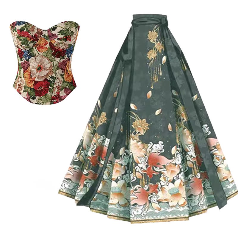 Vintage Blumen Korsett Top Pferdegesicht Rock - Top + Grüner Rock - XL - image 2