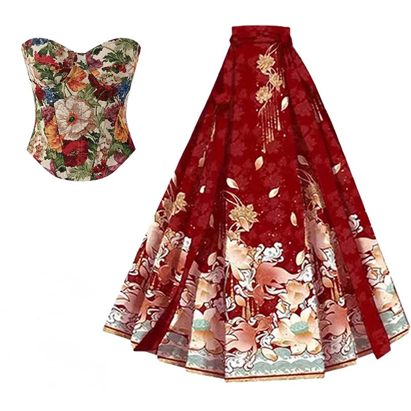 Vintage Blumen Korsett Top Pferdegesicht Rock - Top + Roter Rock - XL - image 1