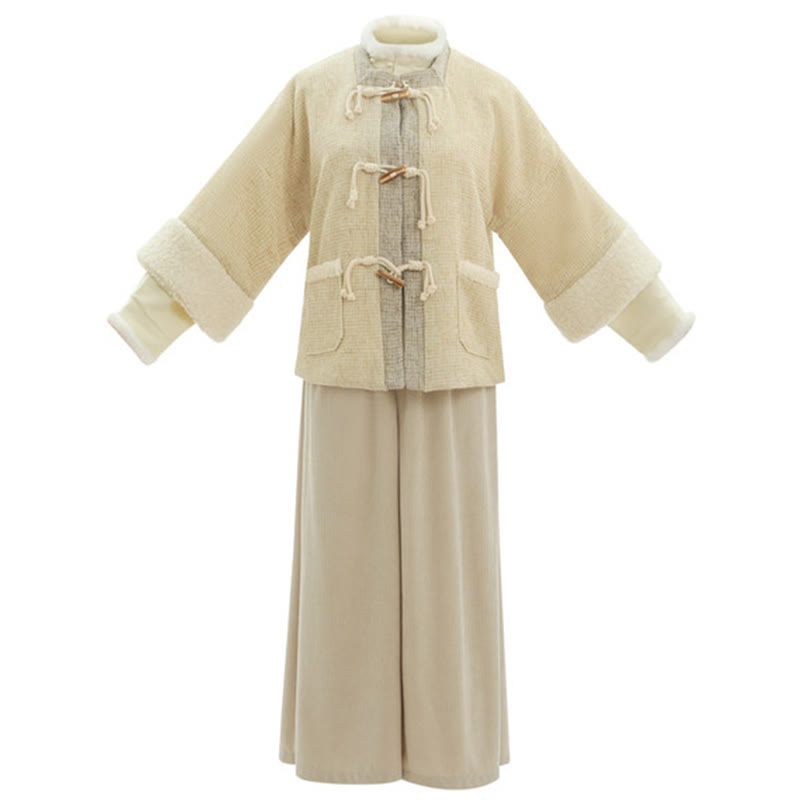 Vintage-Jacke mit quadratischem Ausschnitt, Oberteil mit Schnalle, Hose mit weitem Bein, dreiteiliges Set - image 9