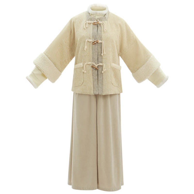 Vintage-Jacke mit quadratischem Ausschnitt, Oberteil mit Schnalle, Hose mit weitem Bein, dreiteiliges Set - image 9