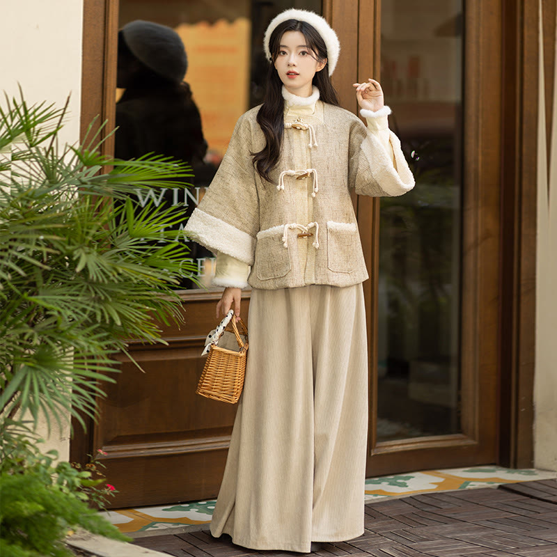 Vintage-Jacke mit quadratischem Ausschnitt, Oberteil mit Schnalle, Hose mit weitem Bein, dreiteiliges Set - Kamel - L - image 3