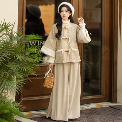 Vintage-Jacke mit quadratischem Ausschnitt, Oberteil mit Schnalle, Hose mit weitem Bein, dreiteiliges Set - Kamel - L - image 3