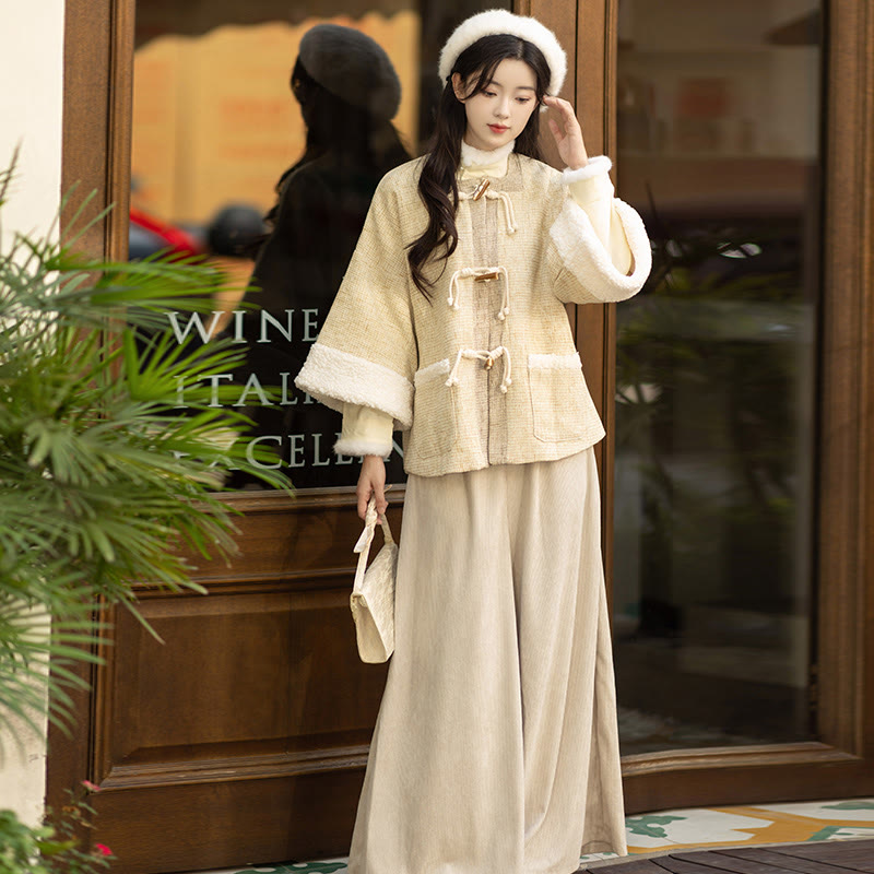 Vintage-Jacke mit quadratischem Ausschnitt, Oberteil mit Schnalle, Hose mit weitem Bein, dreiteiliges Set - Beige - L - image 2