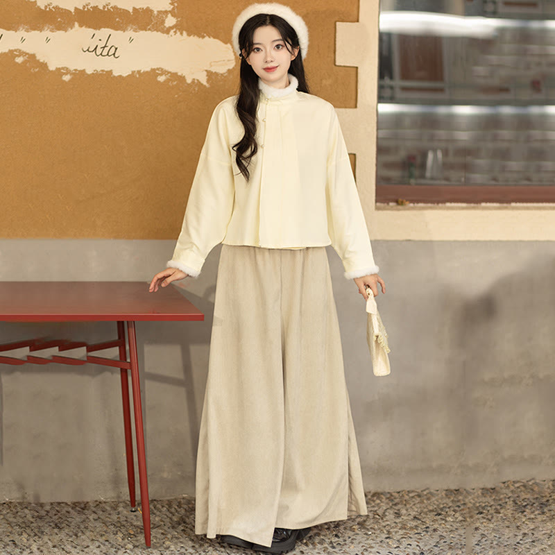 Vintage-Jacke mit quadratischem Ausschnitt, Oberteil mit Schnalle, Hose mit weitem Bein, dreiteiliges Set - image 6