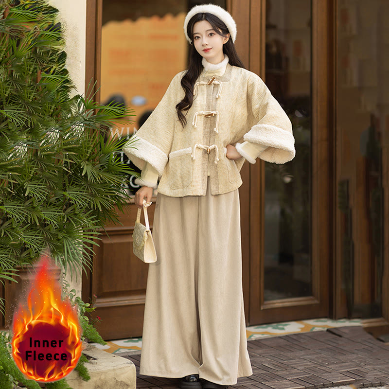 Vintage-Jacke mit quadratischem Ausschnitt, Oberteil mit Schnalle, Hose mit weitem Bein, dreiteiliges Set - Beigefarbenes Innenfleece - L - image 4