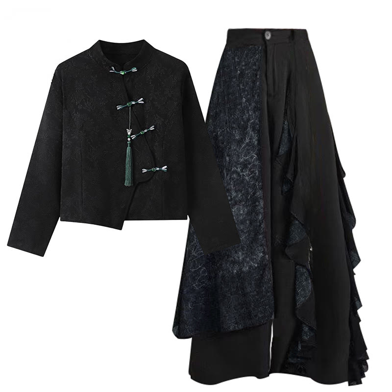 Vintage Hose mit weitem Bein und Schnallen-Quastenoberteil - Schwarzes Top+Hose - XL - image 2