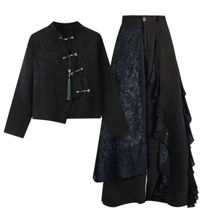 Vintage Hose mit weitem Bein und Schnallen-Quastenoberteil - Schwarzes Top+Hose - XL - image 2