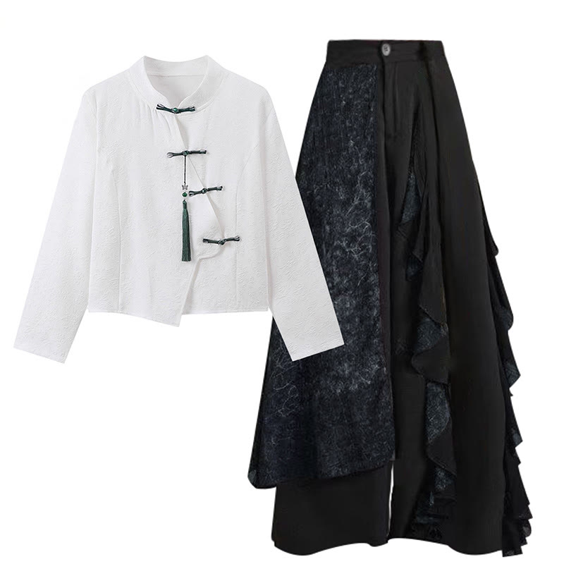 Vintage Hose mit weitem Bein und Schnallen-Quastenoberteil - Weißes Top + Hose - XL - image 1