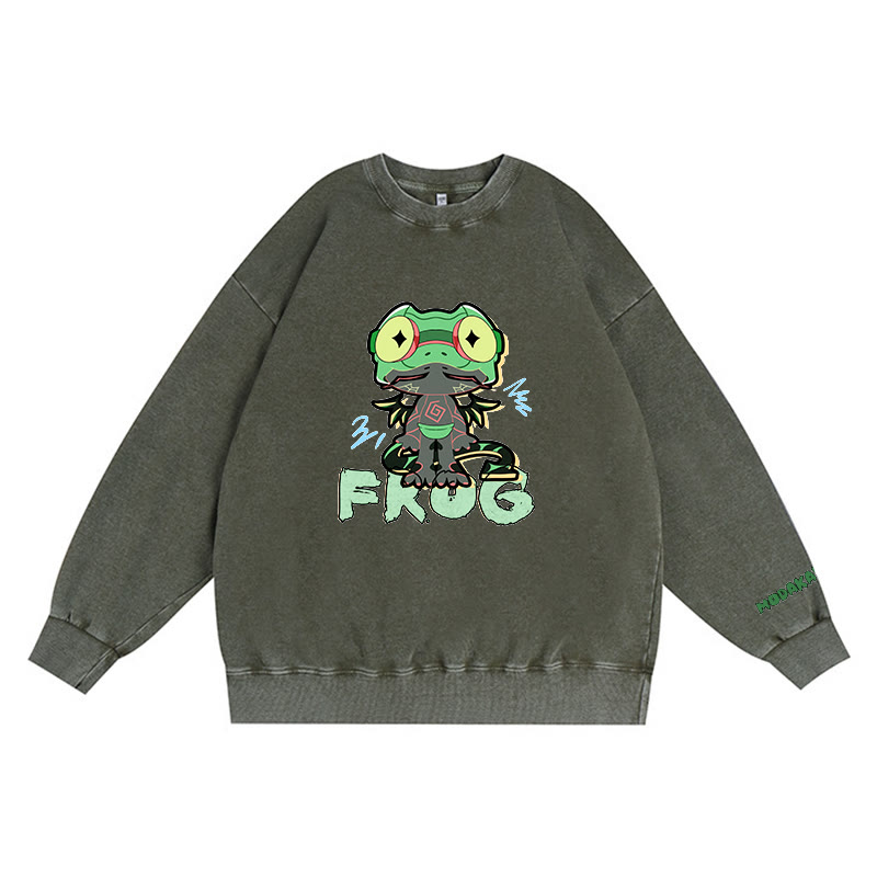 Lustiges Frosch-Grafik-Dunkelästhetisches Unisex-Vintage-Washed-Sweatshirt - Green - 3XL - image 1