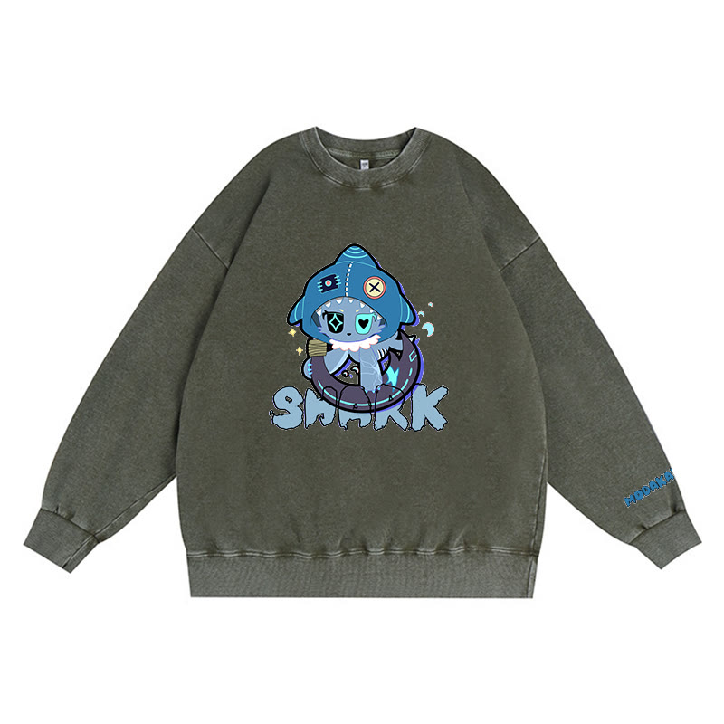 Verspieltes Hai-Grafik-Dunkelästhetisches Unisex-Vintage-Washed-Sweatshirt - Green - 3XL - image 2