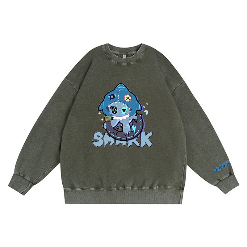 Verspieltes Hai-Grafik-Dunkelästhetisches Unisex-Vintage-Washed-Sweatshirt - Green - 3XL - image 2