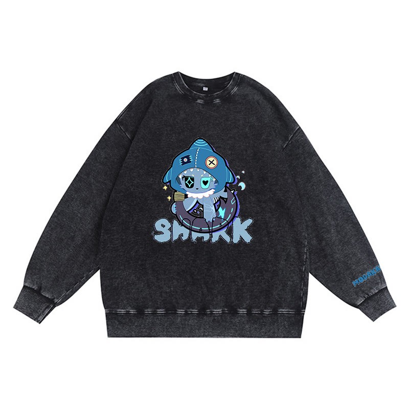 Verspieltes Hai-Grafik-Dunkelästhetisches Unisex-Vintage-Washed-Sweatshirt - Black - 3XL - image 1