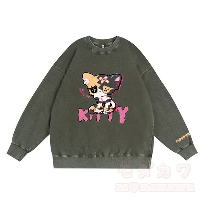 Sad Kitty Grafik Dunkle Ästhetik Unisex Vintage Gewaschenes Sweatshirt - Grün - 3XL - image 2