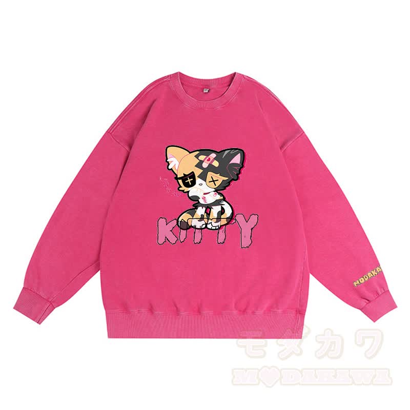 Sad Kitty Grafik Dunkle Ästhetik Unisex Vintage Gewaschenes Sweatshirt - Rosenrot - 3XL - image 1