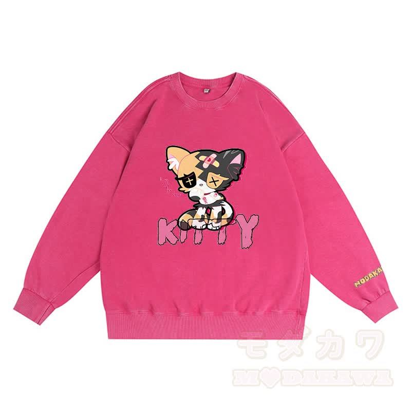 Sad Kitty Grafik Dunkle Ästhetik Unisex Vintage Gewaschenes Sweatshirt - Rosenrot - 3XL - image 1
