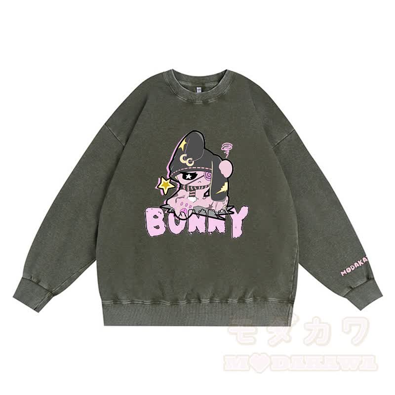 Unhappy Bunny Grafik Dunkle Ästhetik Unisex Vintage Gewaschenes Sweatshirt - Grün - 3XL - image 3