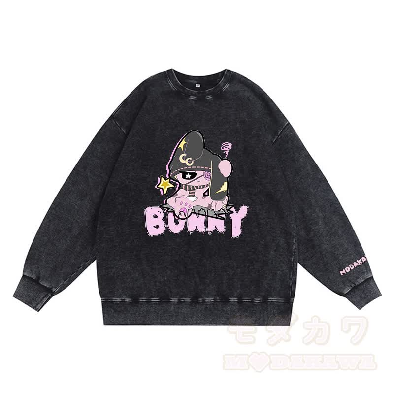 Unhappy Bunny Grafik Dunkle Ästhetik Unisex Vintage Gewaschenes Sweatshirt - Schwarz - 3XL - image 1
