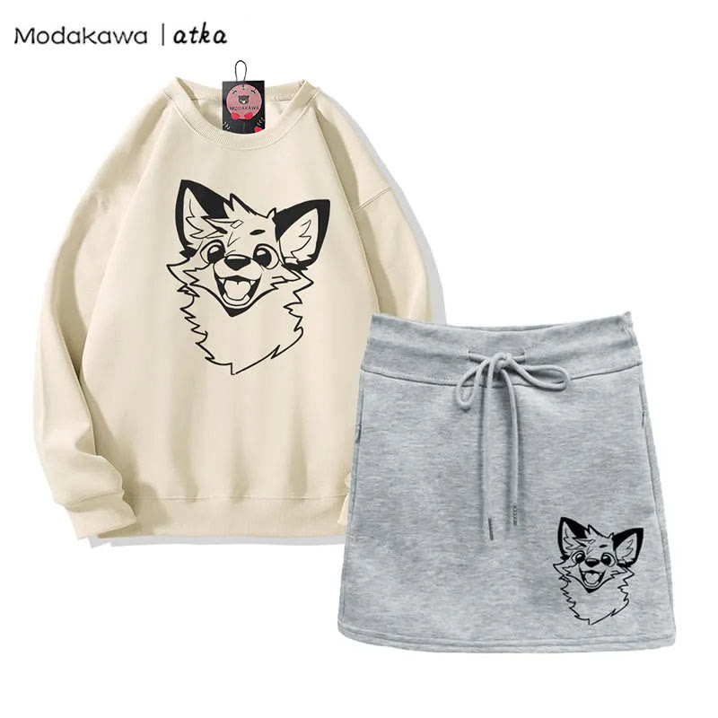 MODAKAWA X atka Verspieltes Fuchs-Grafik-Sweatshirt und A-Linien-Rock mit Kordelzug, zweiteiliges Set - Beige&Grey - 2XL - image 2