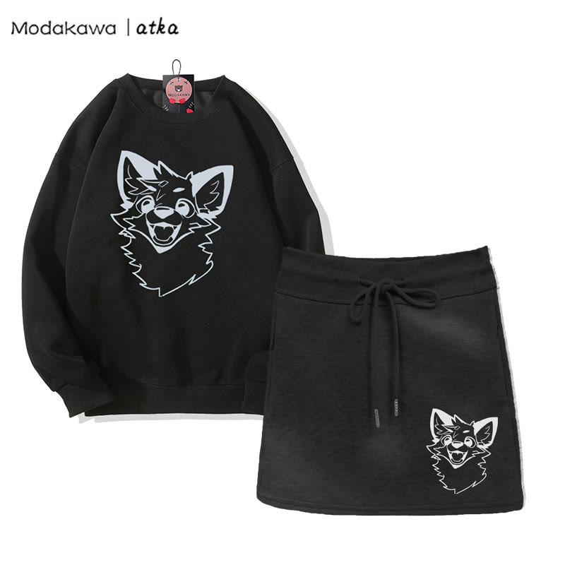MODAKAWA X atka Verspieltes Fuchs-Grafik-Sweatshirt und A-Linien-Rock mit Kordelzug, zweiteiliges Set - Black - 2XL - image 1