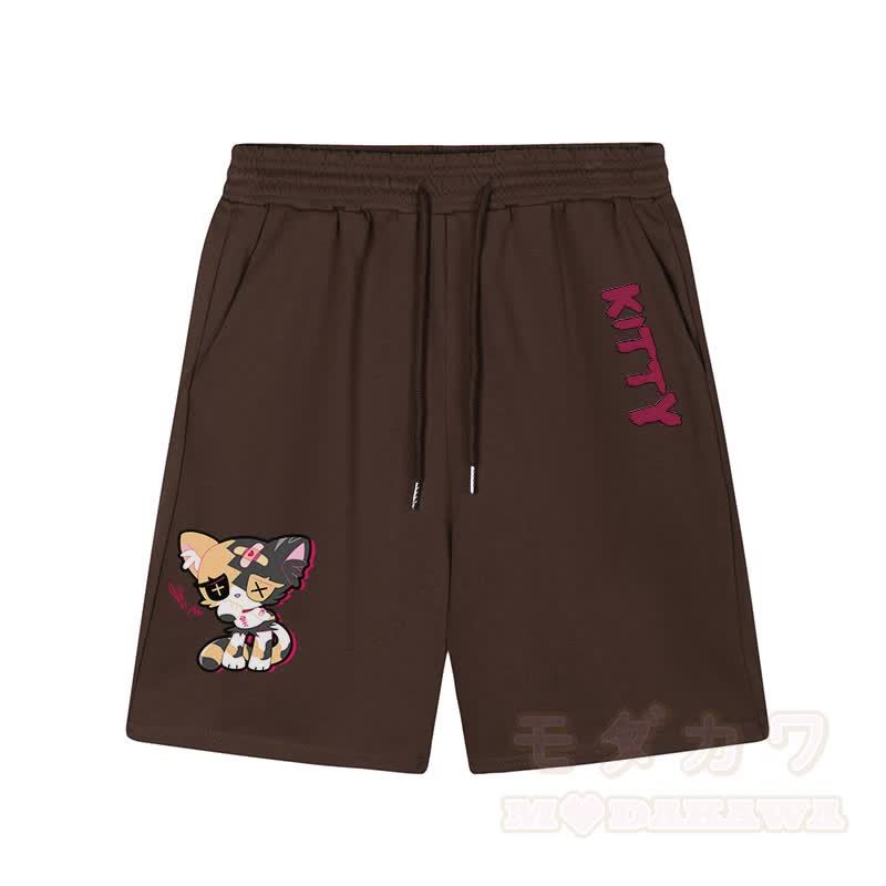 Sad Kitty Grafik Dunkle Ästhetische Shorts - Braun - 5XL - image 1