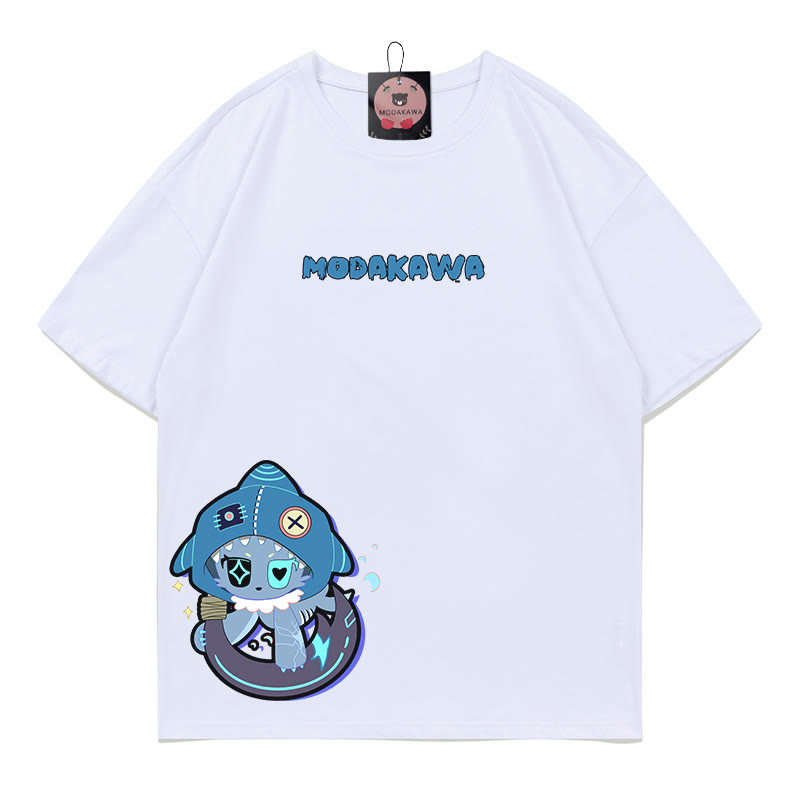 MODAKAWA T-Shirt mit verspieltem Hai-Motiv und dunkler Ästhetik - White - B - 5XL - image 5