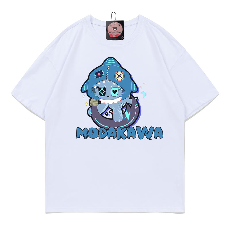 MODAKAWA T-Shirt mit verspieltem Hai-Motiv und dunkler Ästhetik - White - A - 5XL - image 4