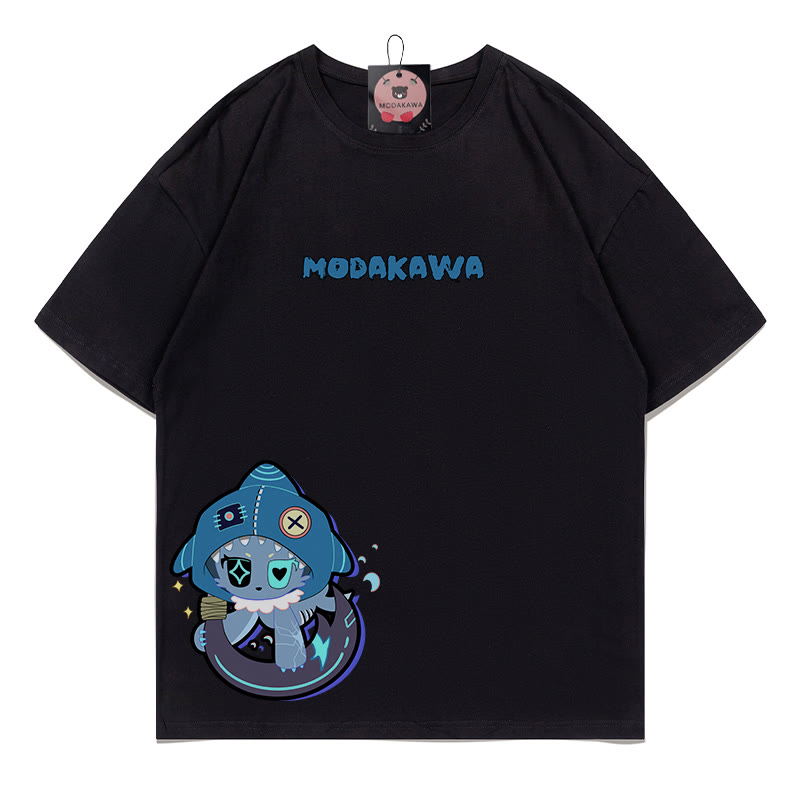 MODAKAWA T-Shirt mit verspieltem Hai-Motiv und dunkler Ästhetik - Black - B - 5XL - image 2