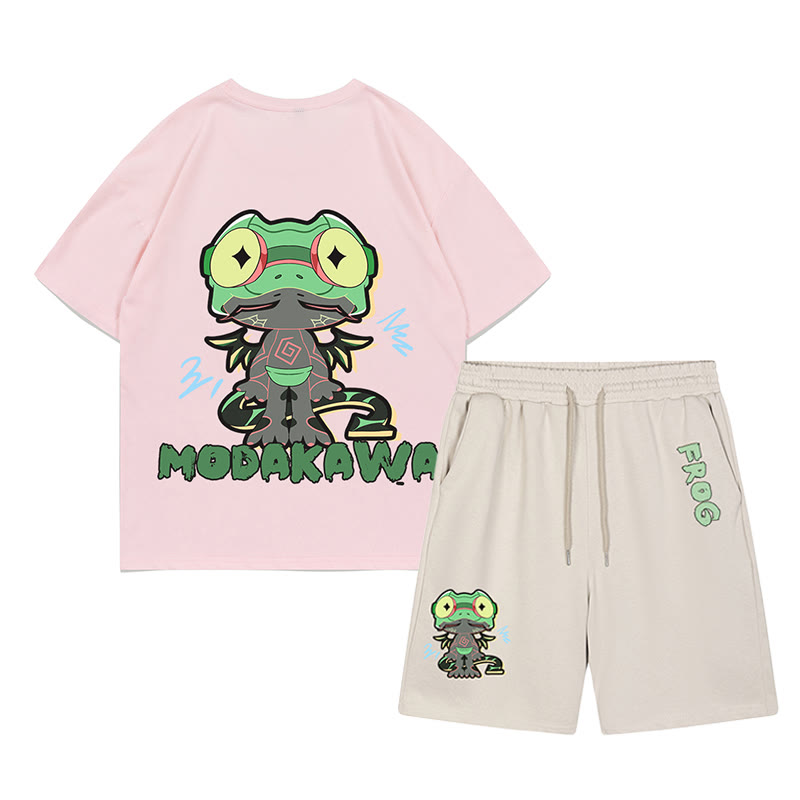Lustiges T-Shirt mit Frosch-Grafik und dunkler Ästhetik, zweiteiliges Set - Rosa&Aprikose - C - 5XL - image 6
