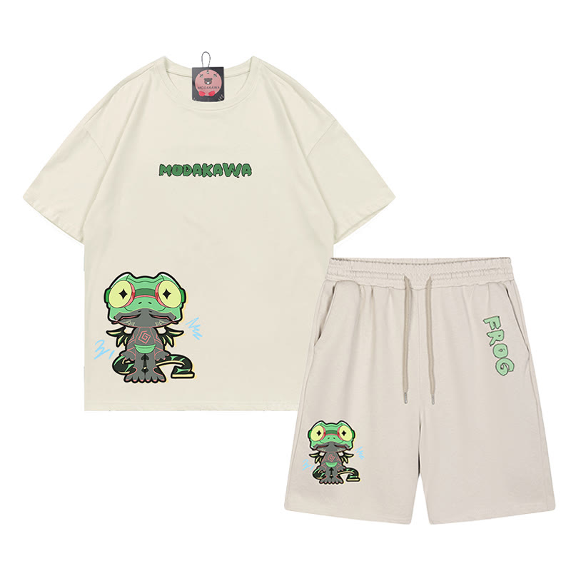 Lustiges T-Shirt mit Frosch-Grafik und dunkler Ästhetik, zweiteiliges Set - Aprikose - B - 5XL - image 2