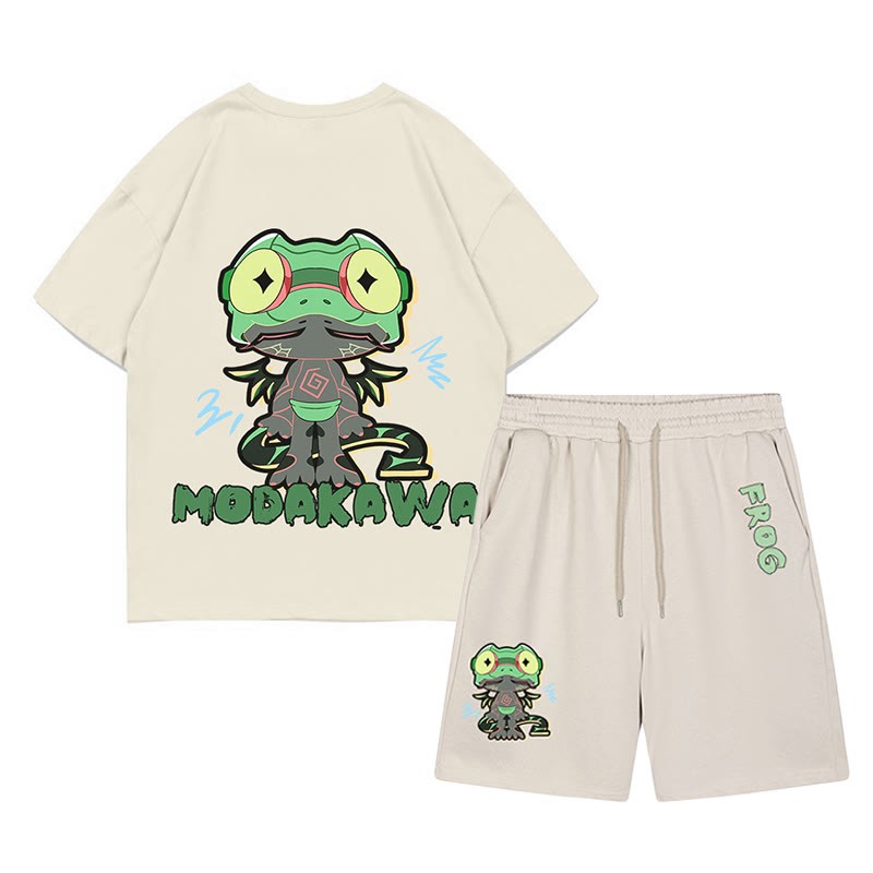 Lustiges T-Shirt mit Frosch-Grafik und dunkler Ästhetik, zweiteiliges Set - Aprikose - C - 5XL - image 3