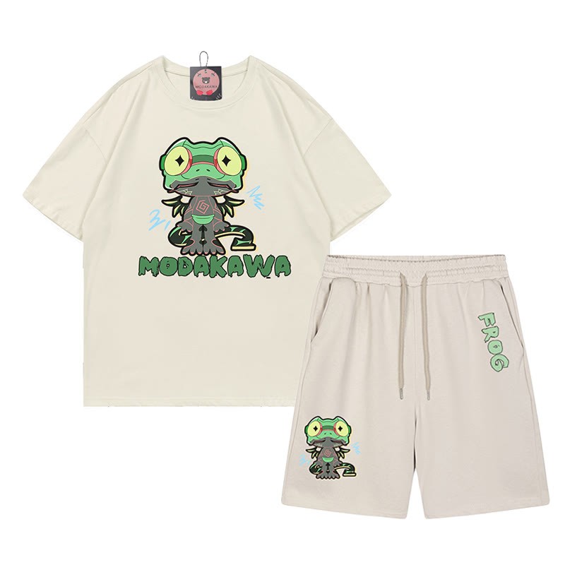 Lustiges T-Shirt mit Frosch-Grafik und dunkler Ästhetik, zweiteiliges Set - Aprikose - A - 5XL - image 1