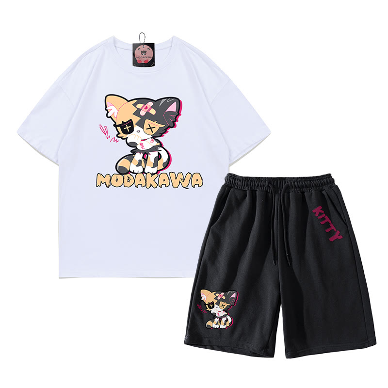 Sad Kitty Grafik Dark Aesthetic T-Shirt Shorts Zweiteiliges Set - Weiß&Schwarz - B - 5XL - image 2