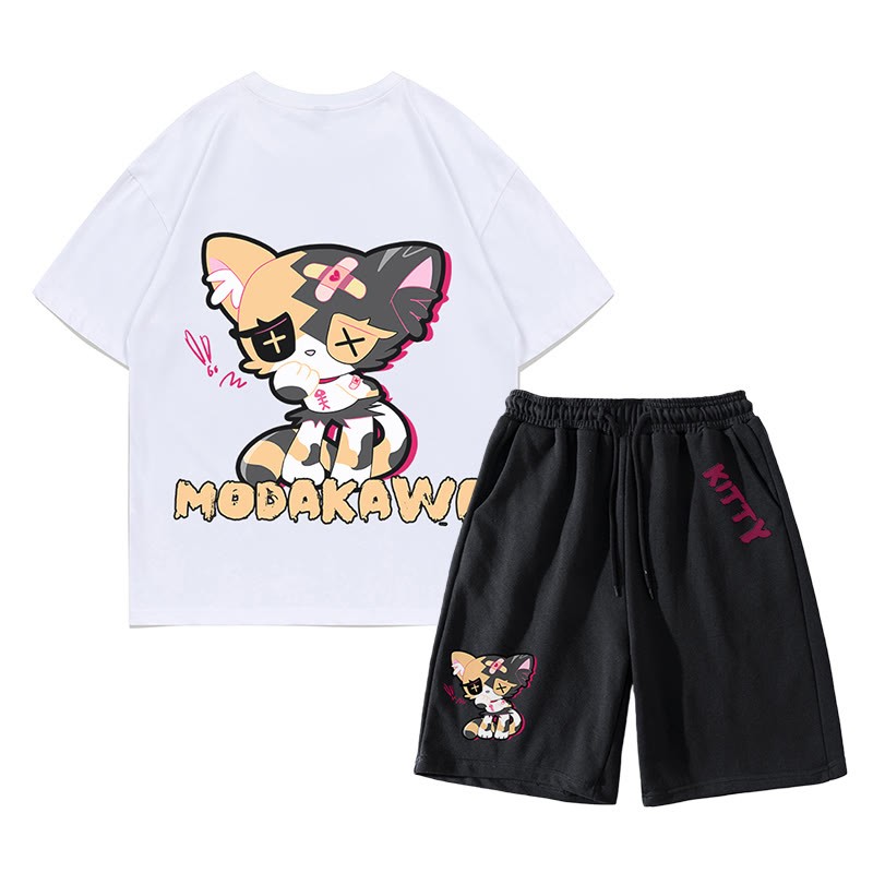 Sad Kitty Grafik Dark Aesthetic T-Shirt Shorts Zweiteiliges Set - Weiß&Schwarz - A - 5XL - image 1