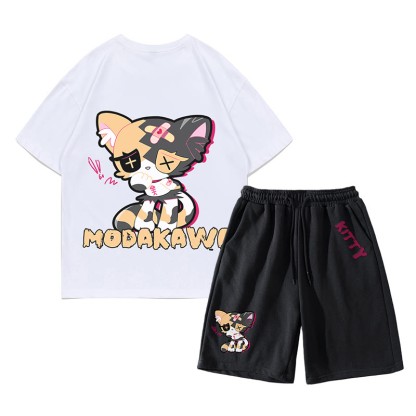Sad Kitty Grafik Dark Aesthetic T-Shirt Shorts Zweiteiliges Set - Weiß&Schwarz - A - 5XL - image 1