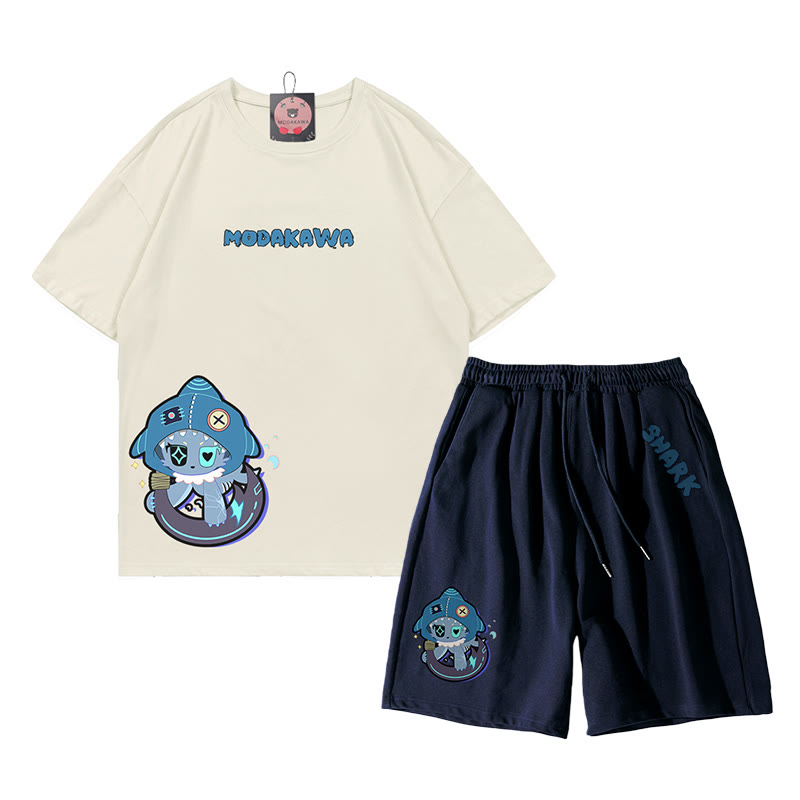 Verspieltes T-Shirt-Shorts-Set mit Hai-Grafik in dunkler Ästhetik, zweiteilig - Beige&Purpurblau - B - 5XL - image 2