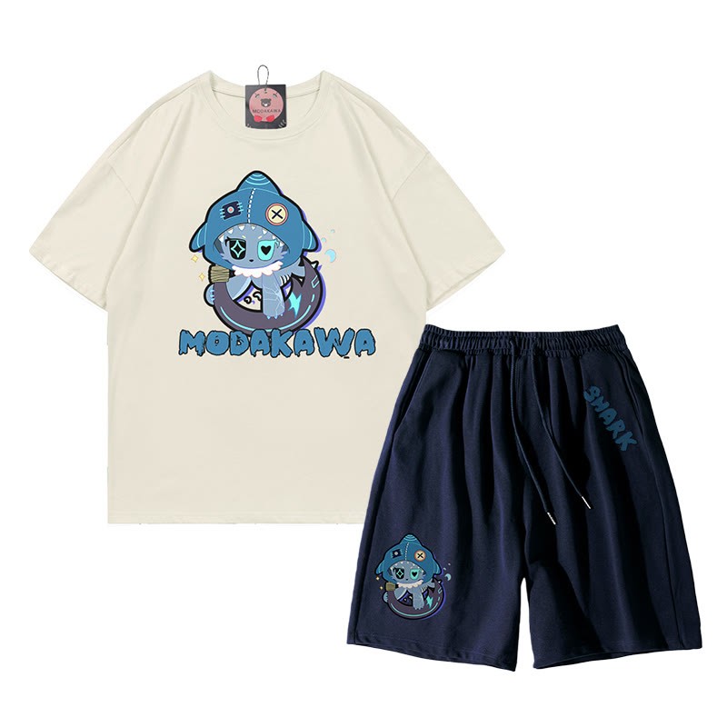 Verspieltes T-Shirt-Shorts-Set mit Hai-Grafik in dunkler Ästhetik, zweiteilig - Beige&Purpurblau - A - 5XL - image 1