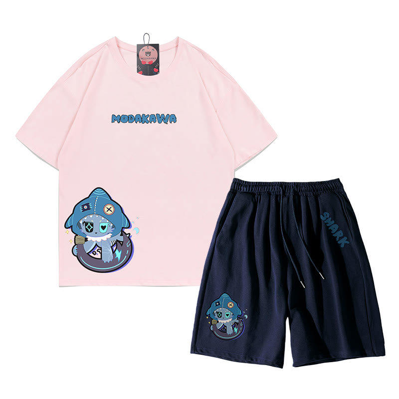 Verspieltes T-Shirt-Shorts-Set mit Hai-Grafik in dunkler Ästhetik, zweiteilig - Rosa & Purpurblau - B - 5XL - image 5