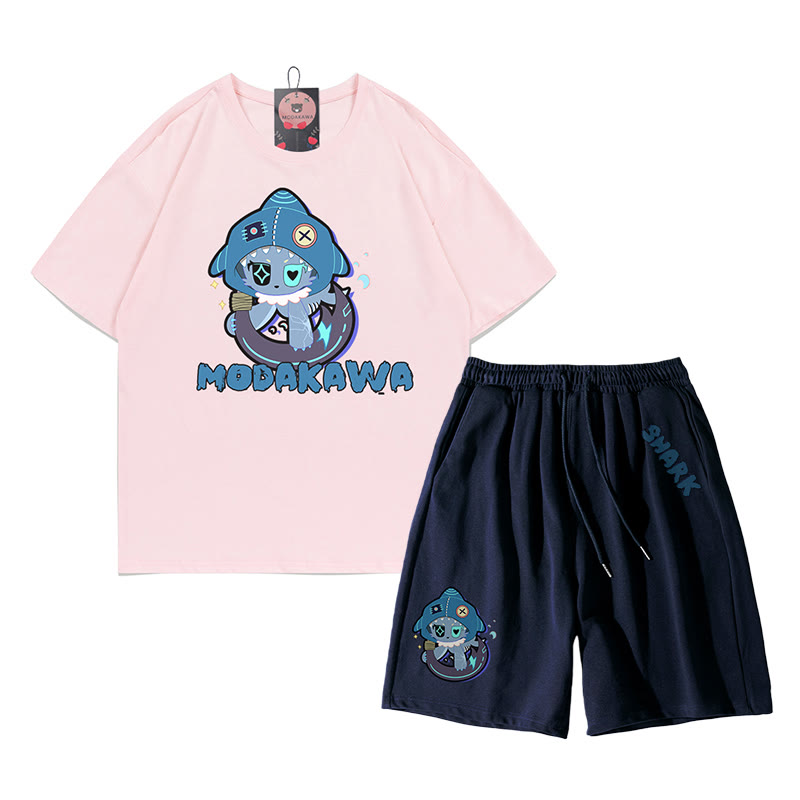 Verspieltes T-Shirt-Shorts-Set mit Hai-Grafik in dunkler Ästhetik, zweiteilig - Rosa & Purpurblau - A - 5XL - image 4