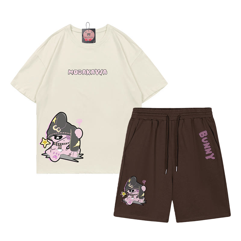 Unhappy Bunny Grafik Dunkle Ästhetik T-Shirt Shorts Zweiteiliges Set - Beige&Braun - B - 5XL - image 2