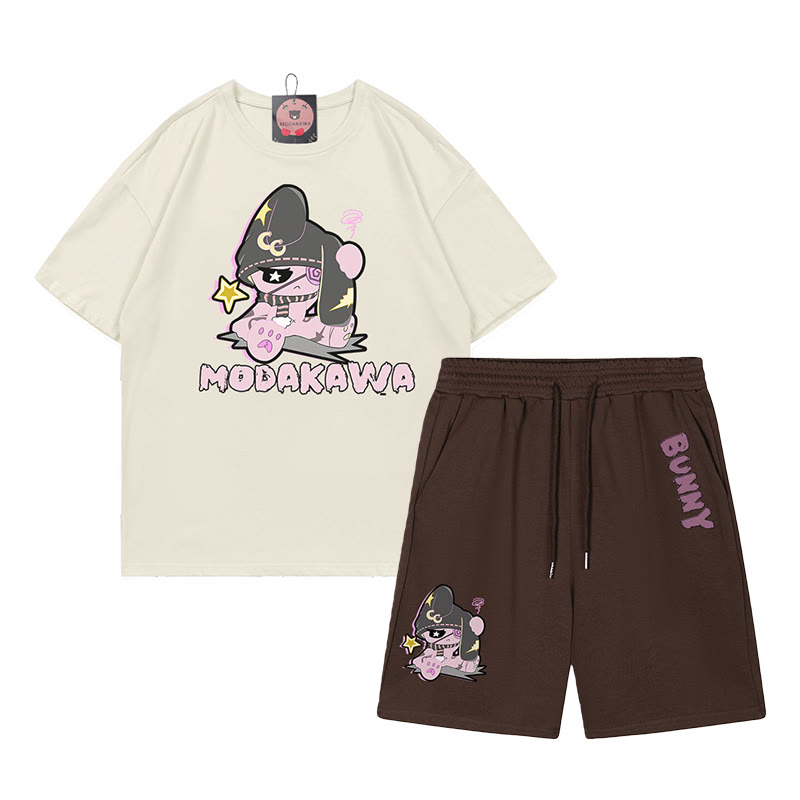 Unhappy Bunny Grafik Dunkle Ästhetik T-Shirt Shorts Zweiteiliges Set - Beige&Braun - A - 5XL - image 1