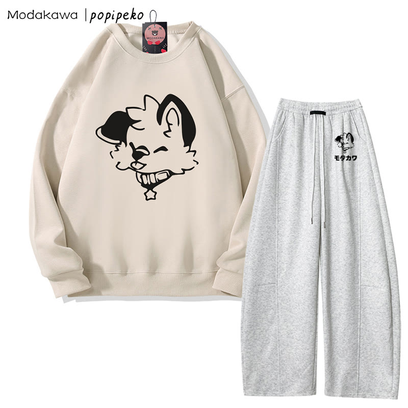 MODAKAWA X popipeko Sweatshirt mit Zungen-Welpen-Grafik, weit geschnittene Hose, zweiteiliges Set - Light Beige&Grey - 5XL - image 3