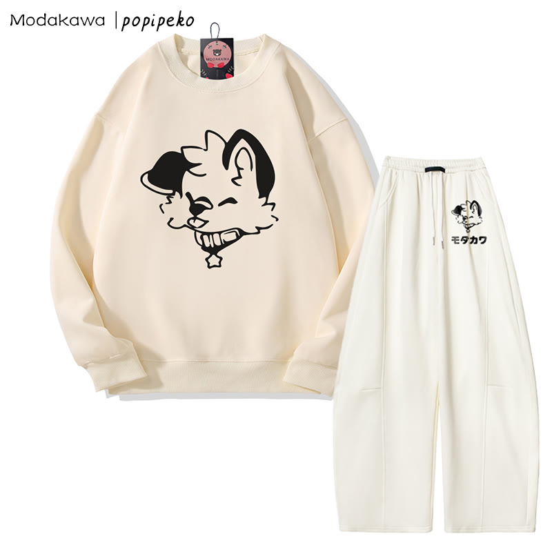 MODAKAWA X popipeko Sweatshirt mit Zungen-Welpen-Grafik, weit geschnittene Hose, zweiteiliges Set - Beige&White - 5XL - image 2
