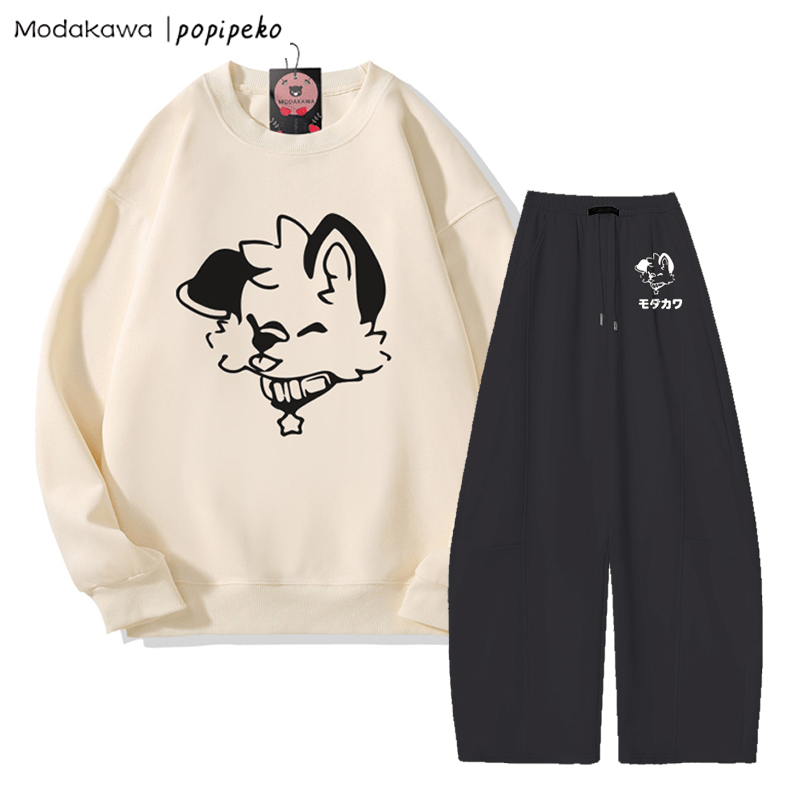 MODAKAWA X popipeko Sweatshirt mit Zungen-Welpen-Grafik, weit geschnittene Hose, zweiteiliges Set - Beige&Black - 5XL - image 1