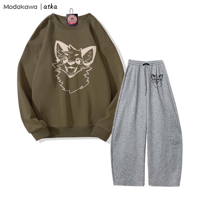 MODAKAWA X atka Verspieltes Fuchs-Grafik-Sweatshirt, weite Hose, zweiteiliges Set - Dark Khaki&Dark Grey - 5XL - image 7