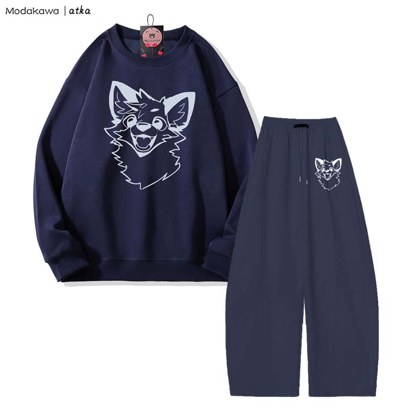 MODAKAWA X atka Verspieltes Fuchs-Grafik-Sweatshirt, weite Hose, zweiteiliges Set - Purplish Blue - 5XL - image 2