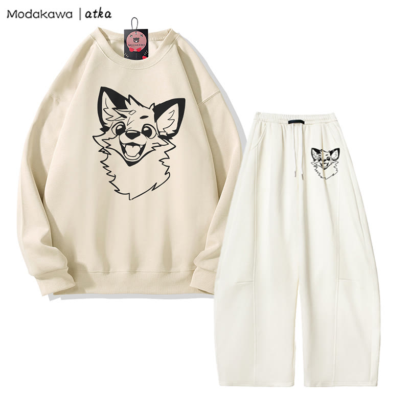 MODAKAWA X atka Verspieltes Fuchs-Grafik-Sweatshirt, weite Hose, zweiteiliges Set - Beige&White - 5XL - image 3