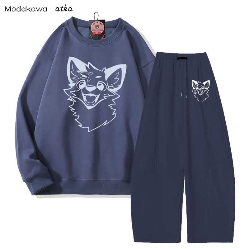 MODAKAWA X atka Verspieltes Fuchs-Grafik-Sweatshirt, weite Hose, zweiteiliges Set - Lavender Blue&Purplish Blue - 5XL - image 1