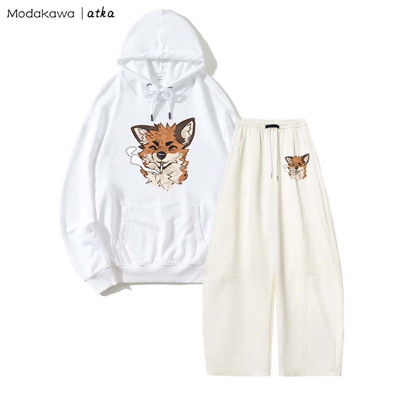 MODAKAWA X atka Fox Smoking Graphic Hoodie Wide Leg Pants Zweiteiliges Set - White - 5XL - image 2