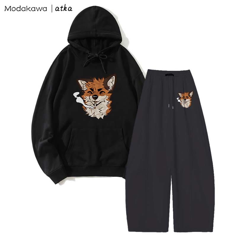 MODAKAWA X atka Fox Smoking Graphic Hoodie Wide Leg Pants Zweiteiliges Set - Black - 5XL - image 1